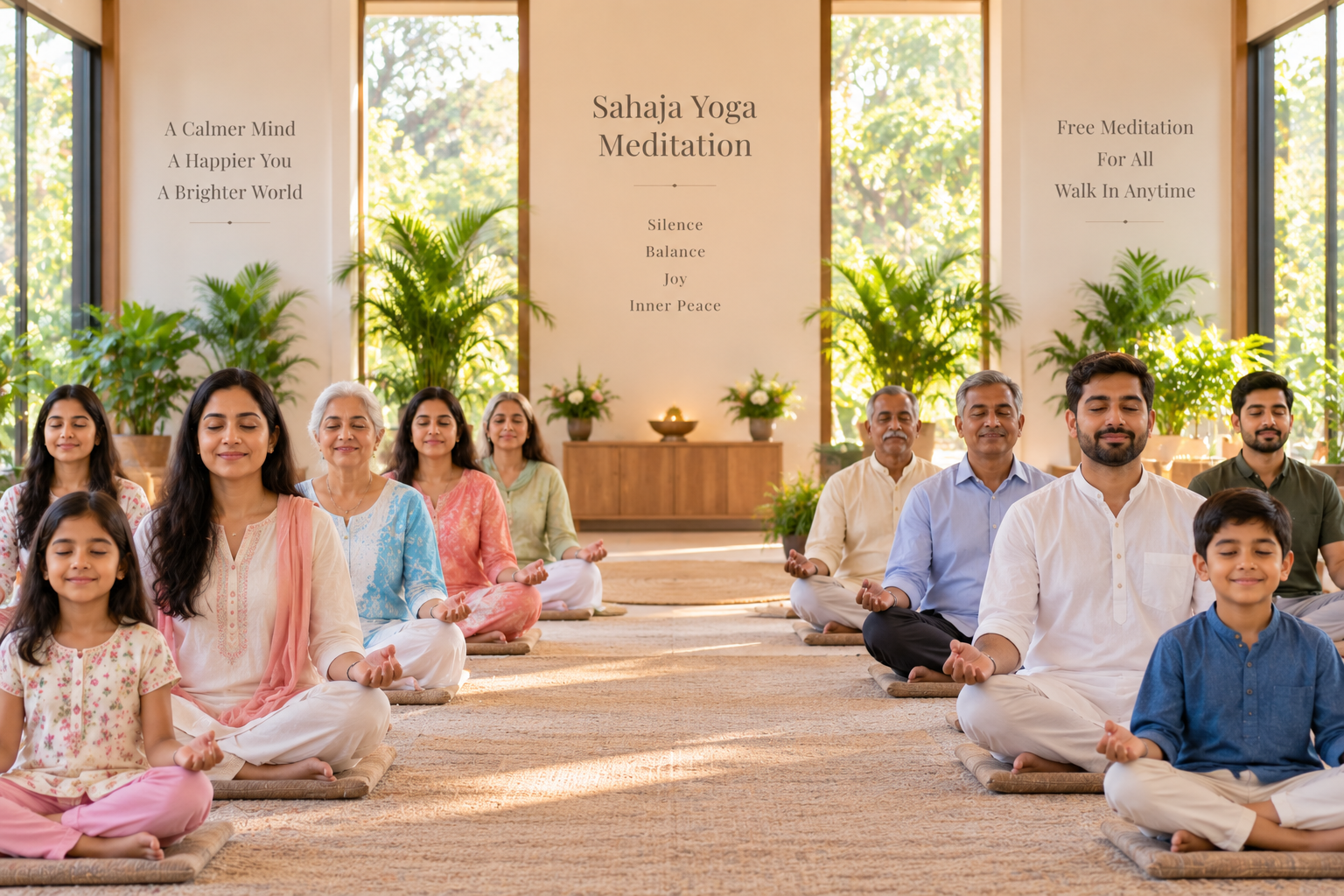 A group seated together in meditation in a bright indoor space.